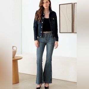 Stripe Denim Mid Rise Flare Leg Jeans